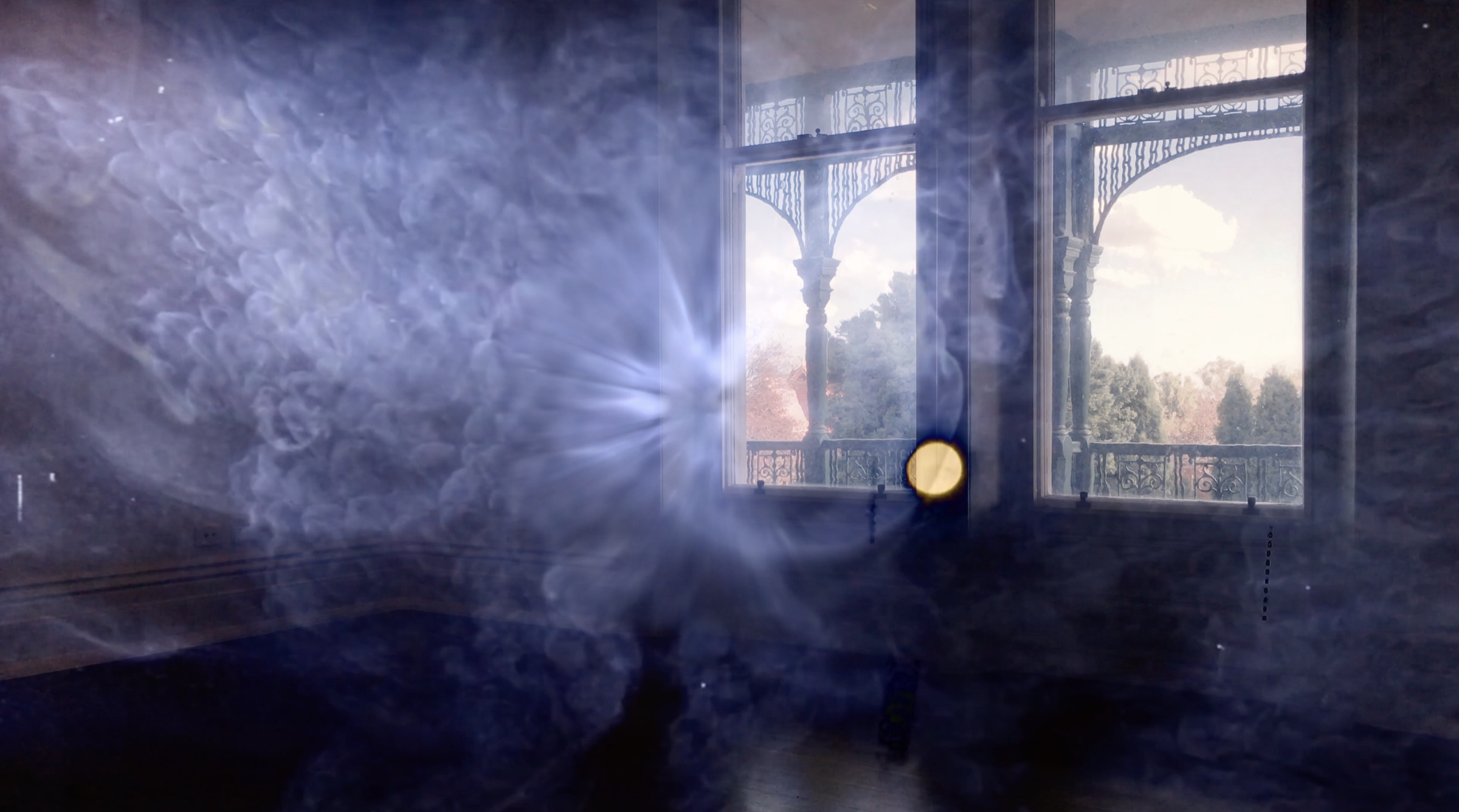 Still from Collider by Jon Butt, showing shifting light across the interior of Bundoora Homestead