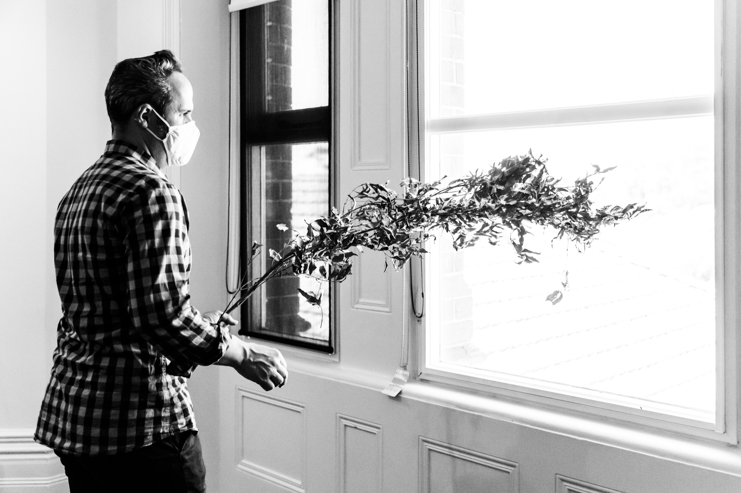Eugene Ughetti working with foliage beside a window at Bundoora Homestead
