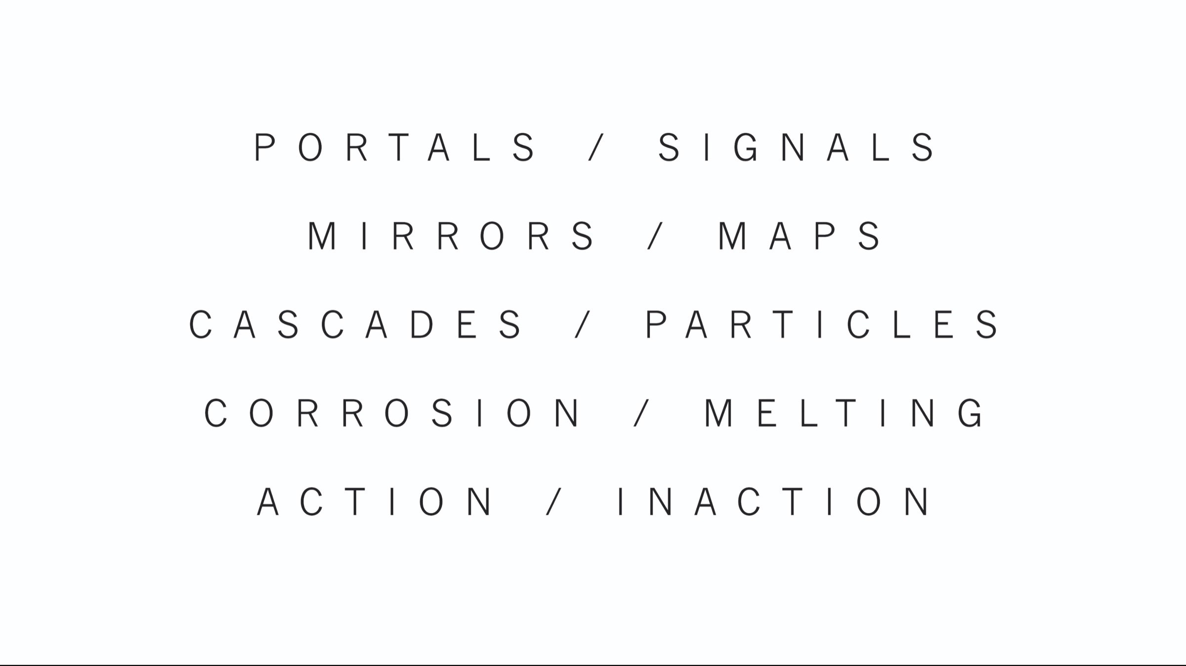 Still from Collider reading portals, signals, mirrors, maps, cascades, particles, corrosion, melting, action and inaction