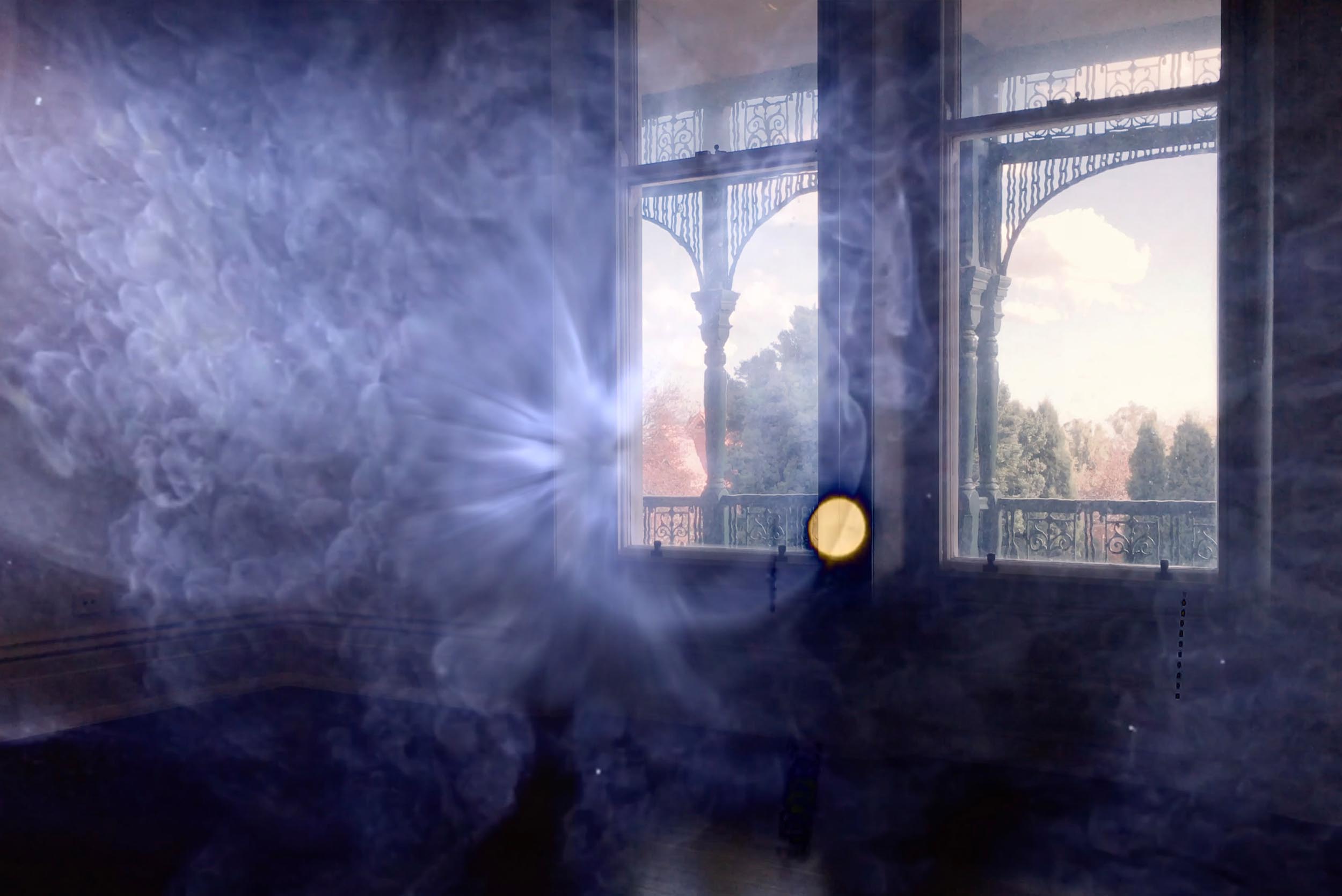 Still from Collider showing projected blue light and a luminous circular form inside Bundoora Homestead
