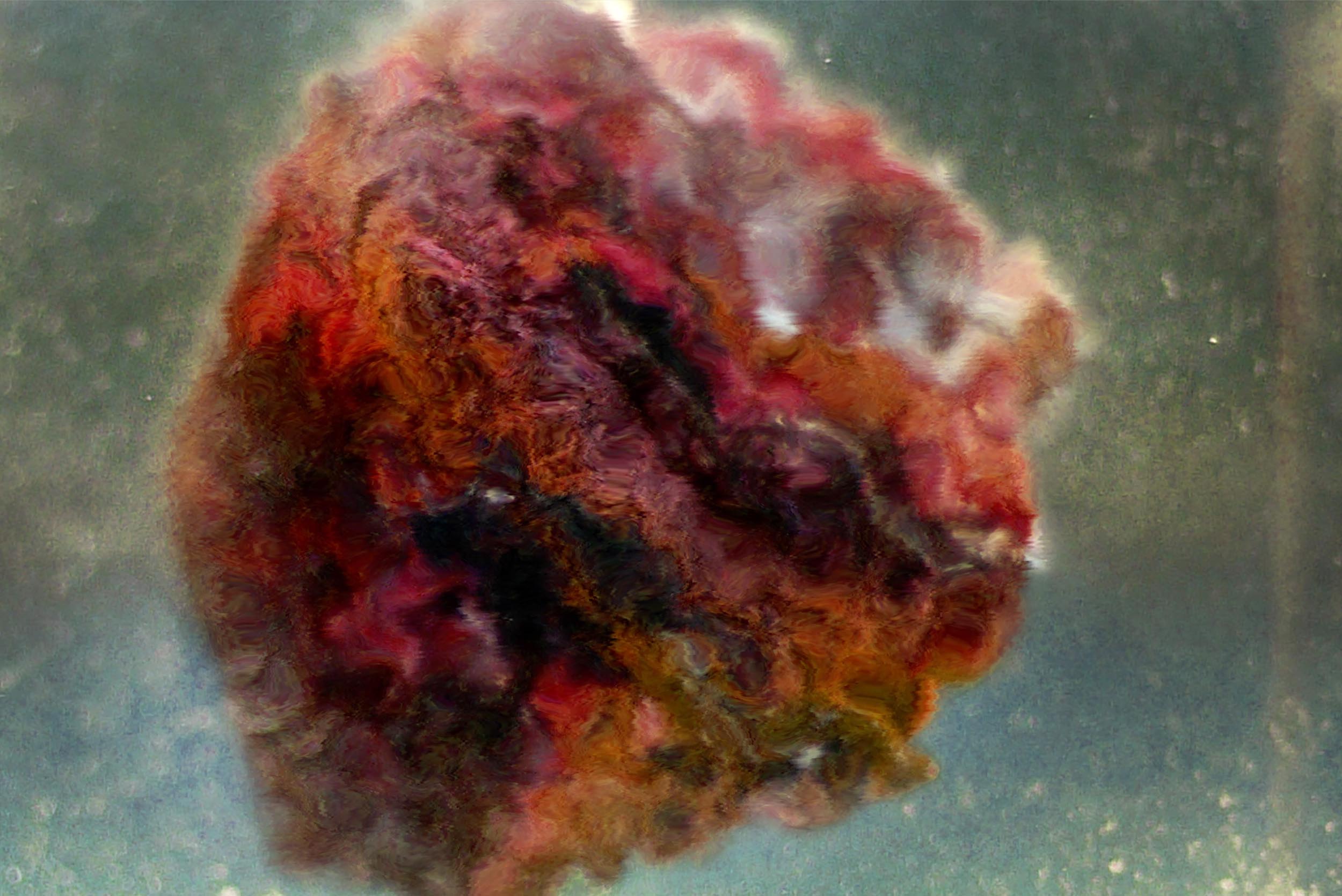 Still from Collider showing an abstract red and orange mass against a green-grey field