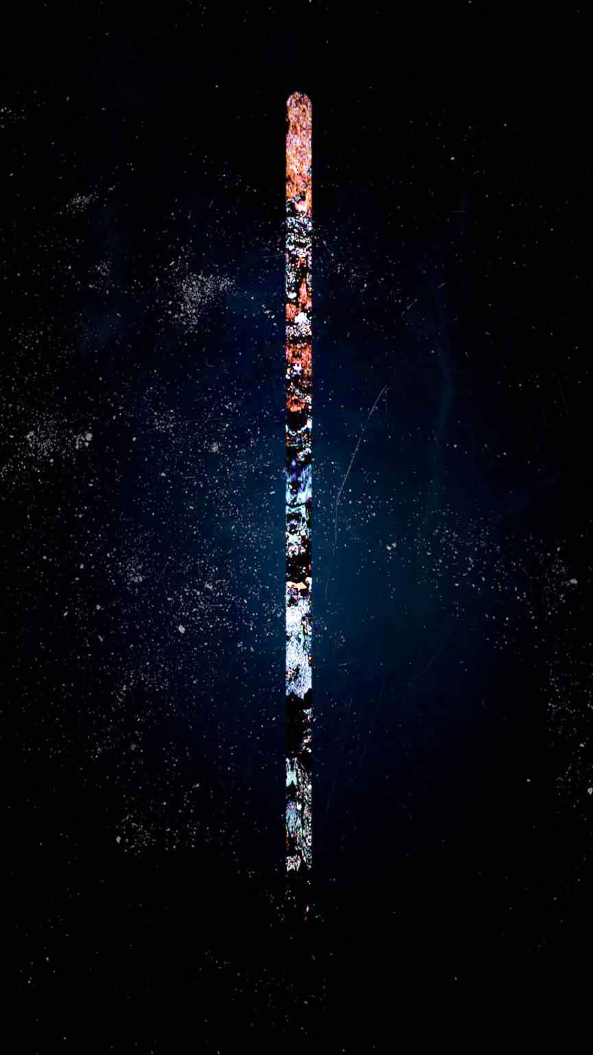 Abstract vertical artwork with a luminous orange and white line against black