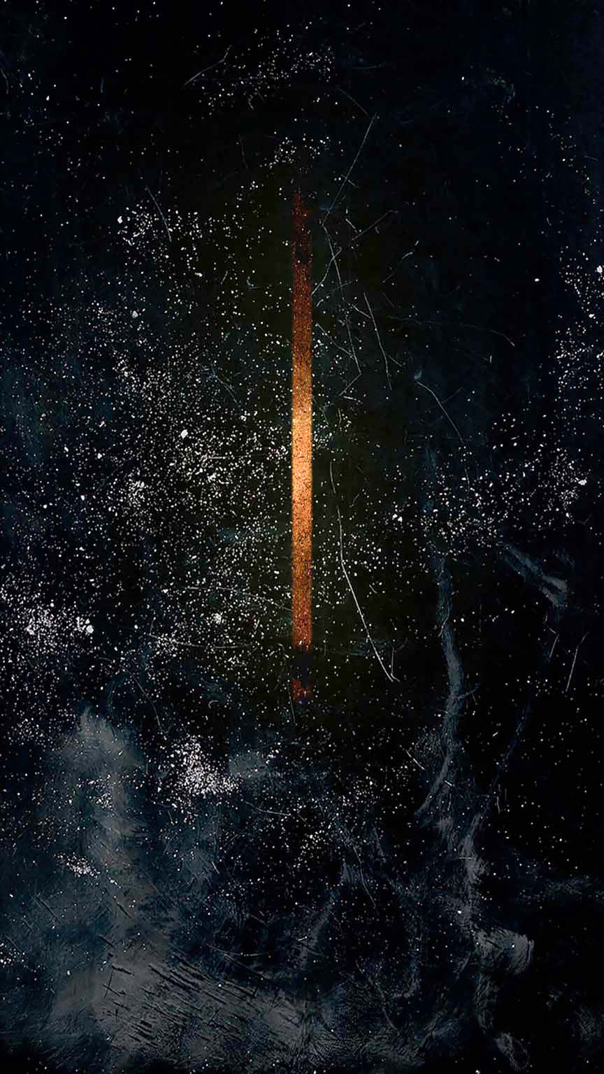 Abstract vertical image with an orange line and granular white marks on a dark field