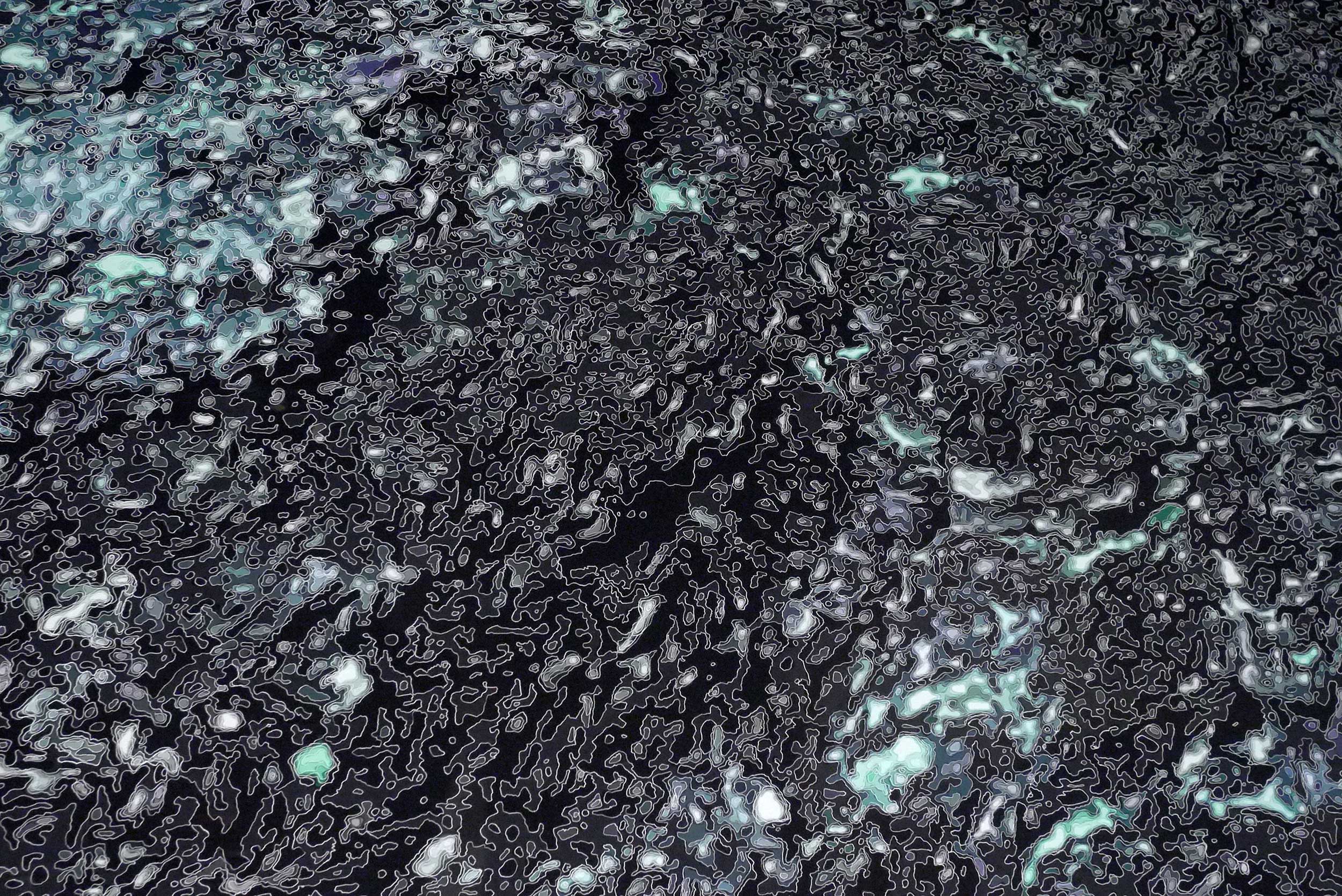 Dark abstract field of fine pale contours and blue-green forms