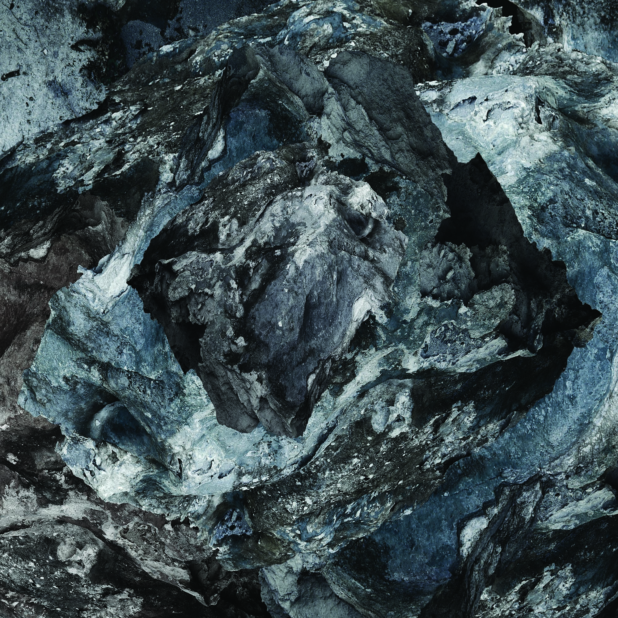 Blue-grey abstract artwork showing layered rock-like forms