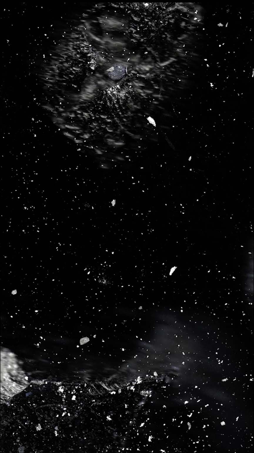 Black-and-white Fieldcast video still with suspended particles and blurred mineral fragments