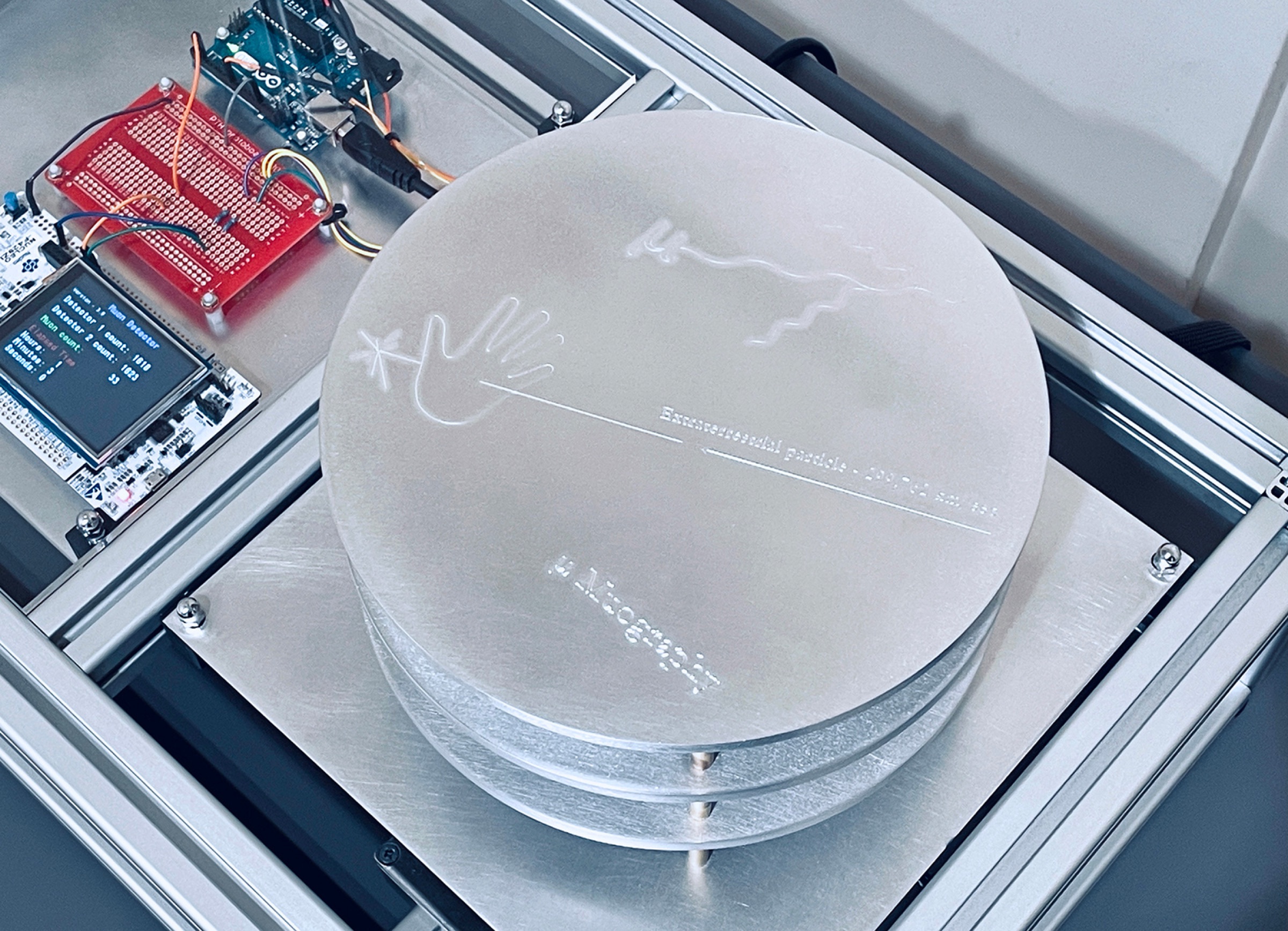 Close view of the homemade detector electronics and circular printing plates