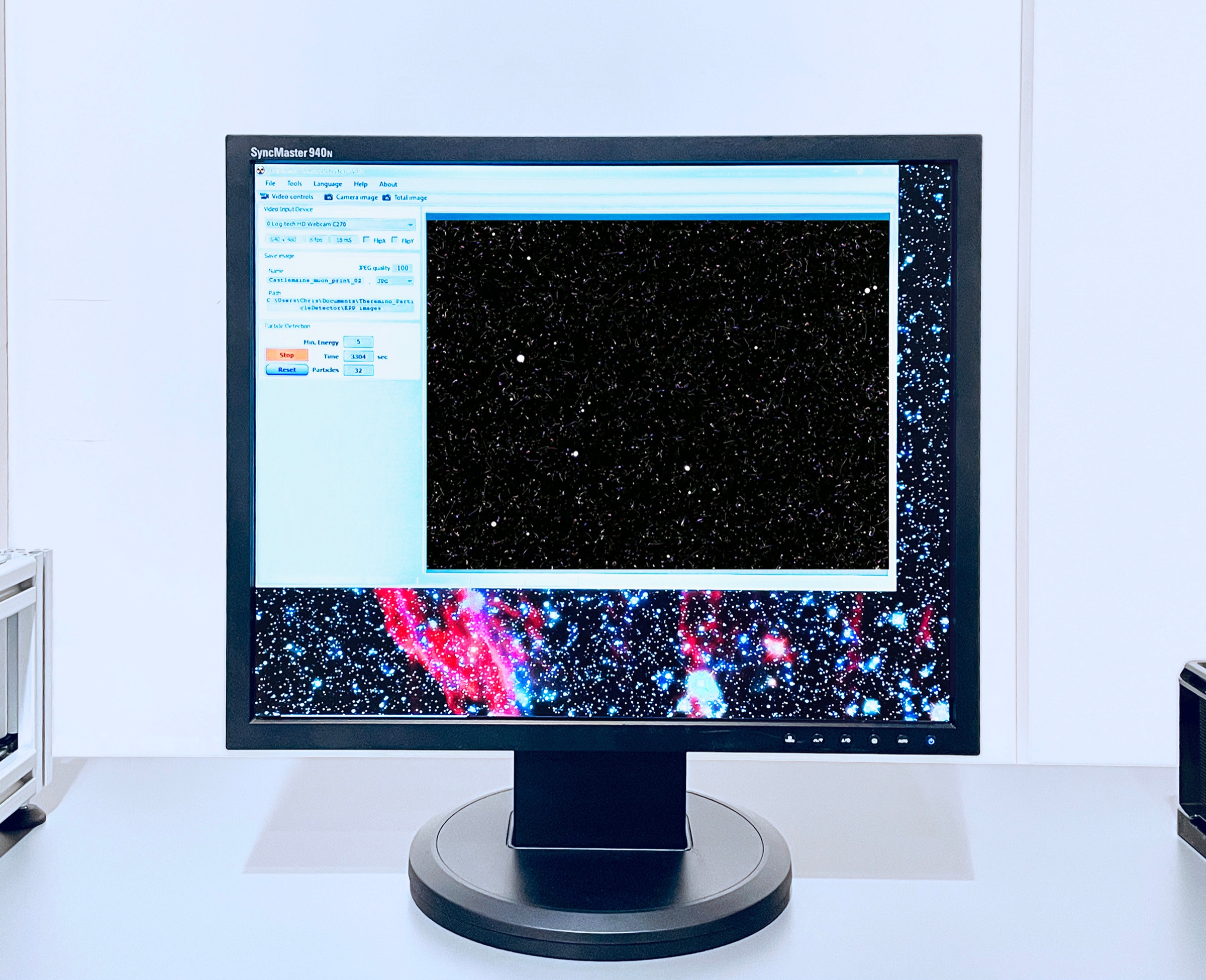Monitor displaying the software that records particle strikes during the exhibition