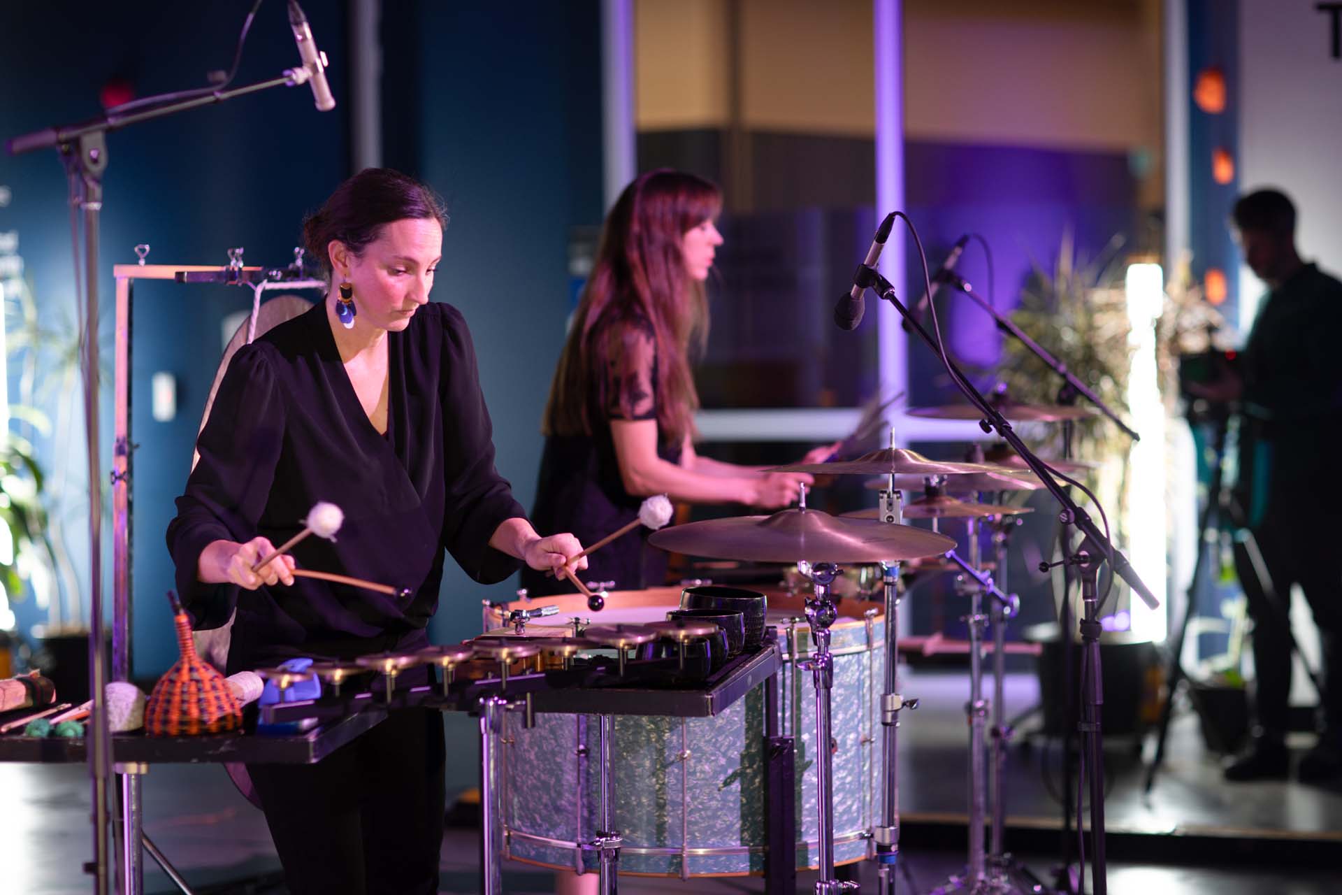 Kaylie Melville and Zela Papageorgiou performing on percussion at Science Gallery Melbourne