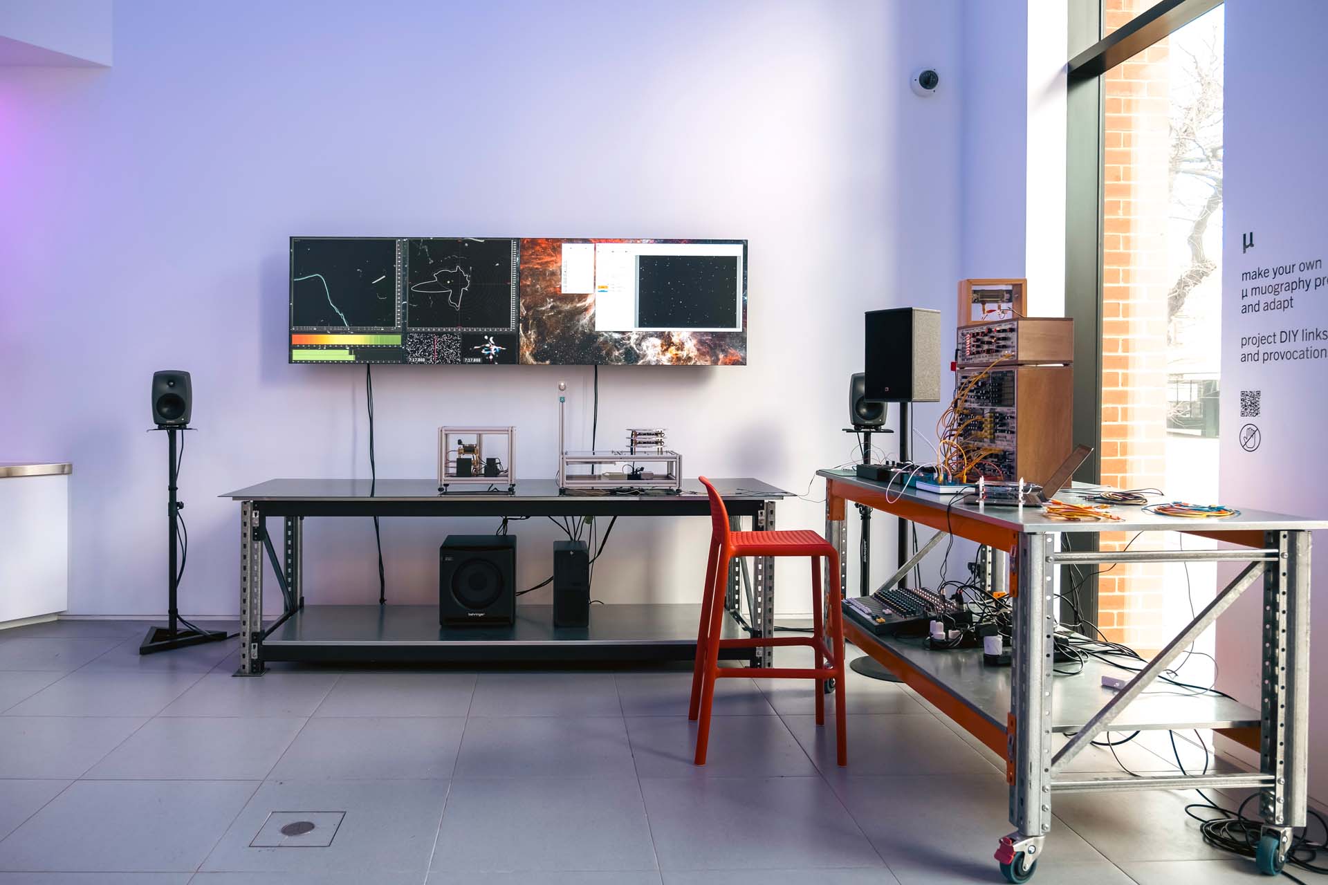Wide view of the Muon Sound Lab equipment installed at Science Gallery Melbourne