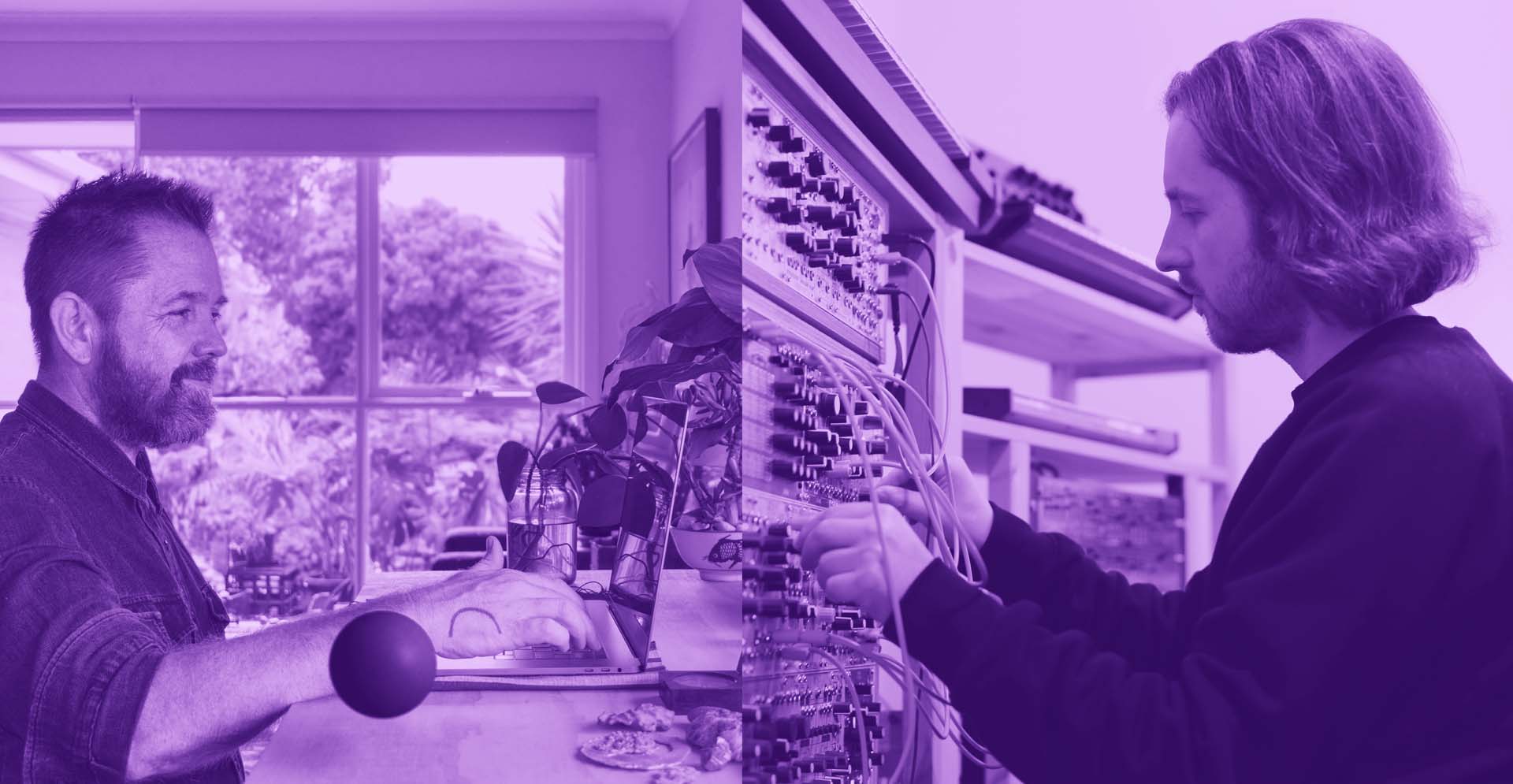 Jon Butt and Lewis Gittus working with a computer and modular synthesiser during the Muon Sound Lab