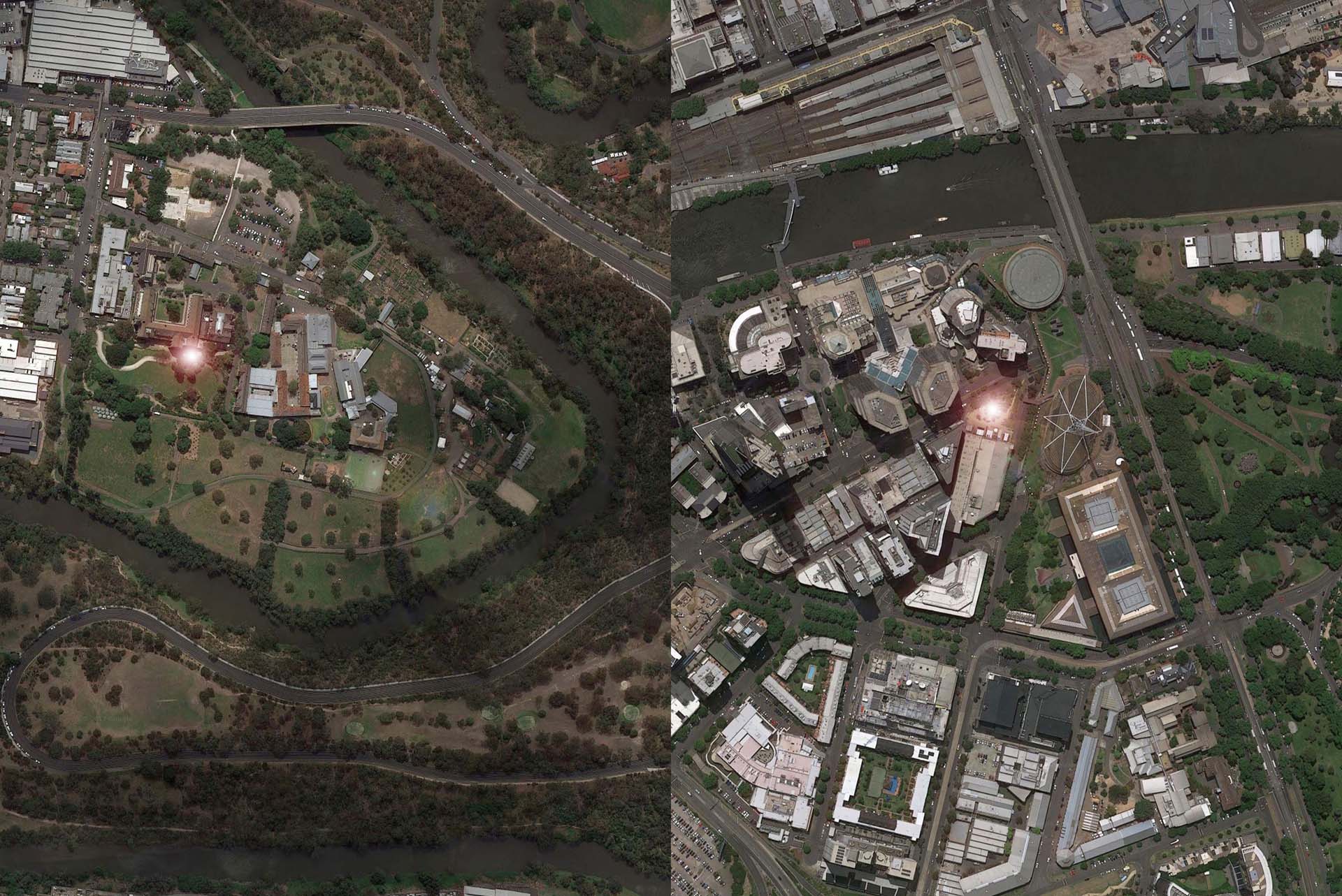 Aerial view connecting c3 and Testing Grounds with two glowing signal points