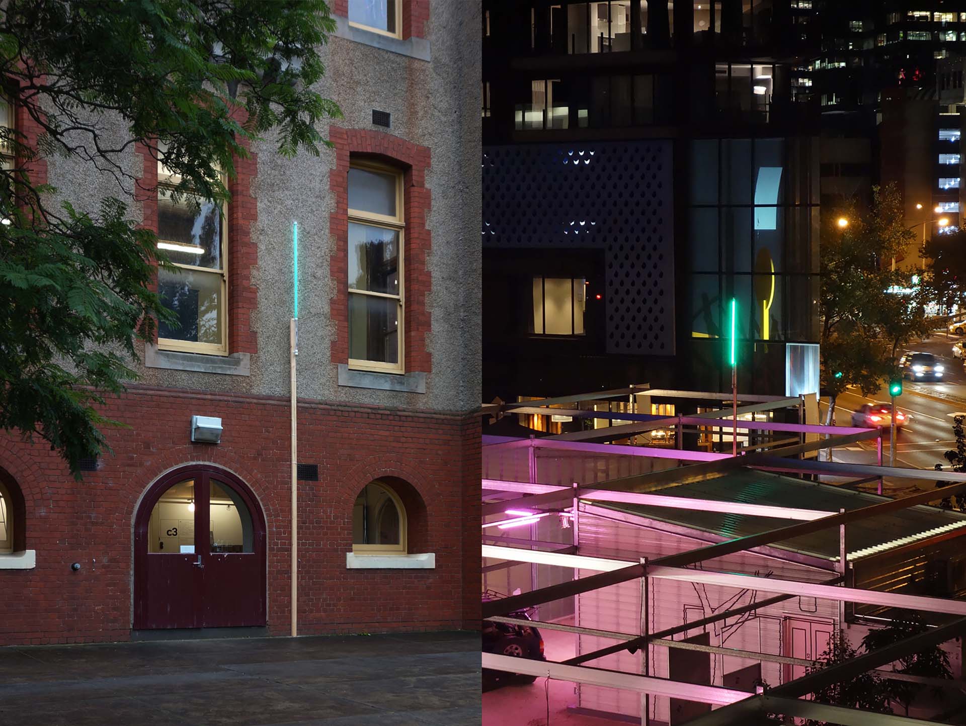 Paired views of green LED beacons installed outside c3 and Testing Grounds